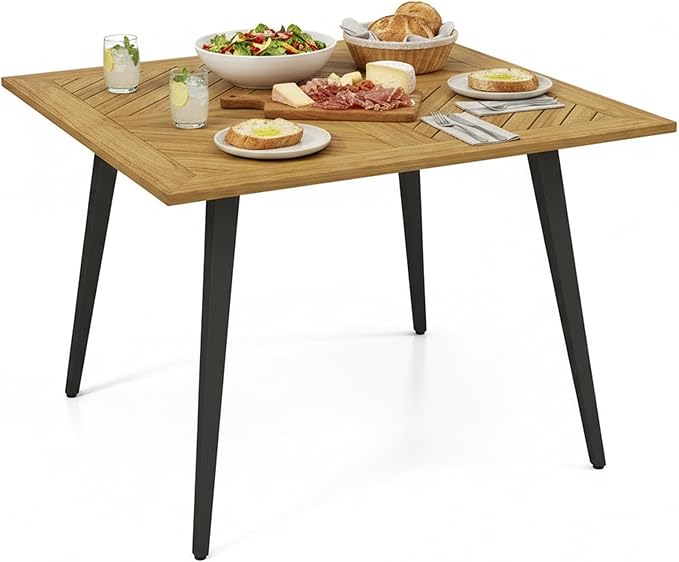 Tangkula 42.5" Acacia Wood Outdoor Dining Table for 4, Patio Table with 1.9" Umbrella Hole, Metal Legs & Adjustable Foot Pads, 4-Person Outside Table for Garden, Poolside & Backyard