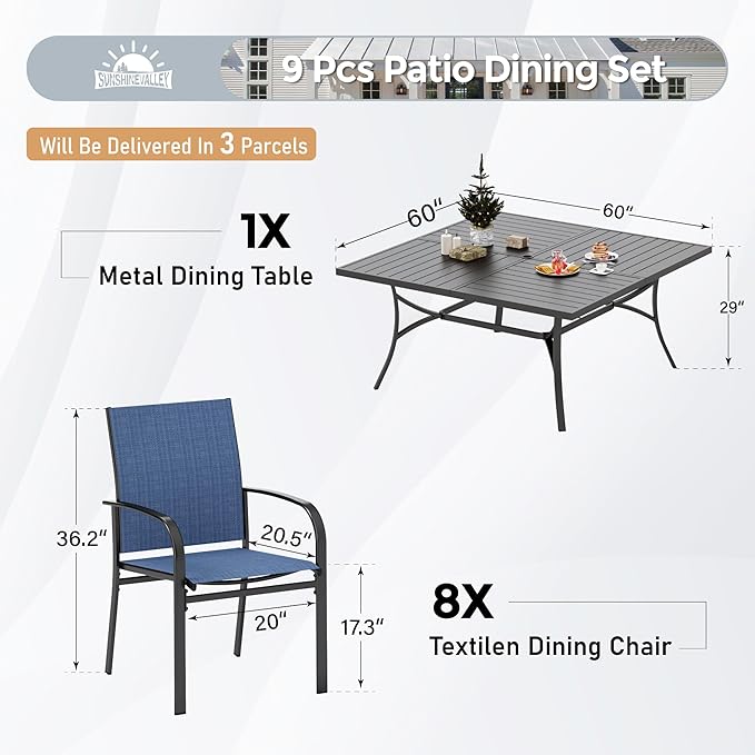 Patio Dining Set for 8, 60" x 60" Square Metal Table with Umbrella Hole, 8 x Stable Dining Chairs, Outdoor Table and Chairs Set for Lawn Backyard and Deck, Blue