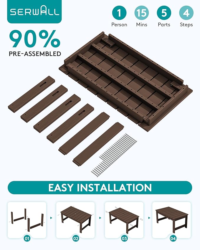 SERWALL Outdoor Coffee Table with 9FT Umbrella, HDPE Patio Coffee Table for Outside, Rectangle, Coffee(Not Include Umbrella Base)