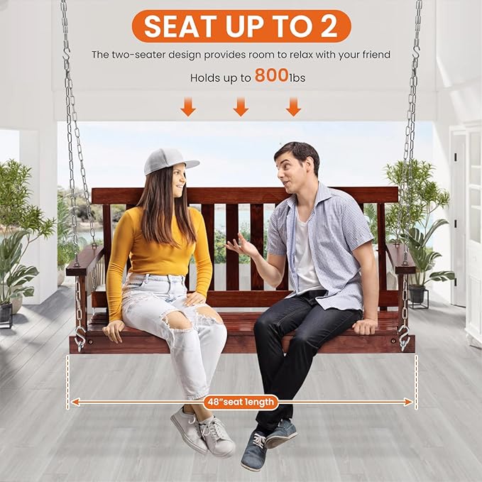 Upgraded Outdoor Wooden Porch Swings 48 Inch Outdoor Swings with Hanging Chains and Fixing Screw, Ergonomic Seat Heavy Duty 800 LBS Swing Bench for Outdoor Patio Garden Yard, Brown
