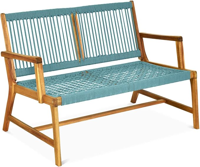 Tangkula 2-Person Patio Acacia Wood Bench Loveseat Chair, Outdoor Patio Acacia Wood Bench in Teak Oil Finish, Patio Loveseat Rope Chair for Balcony Deck Poolside Porch (Turquoise)