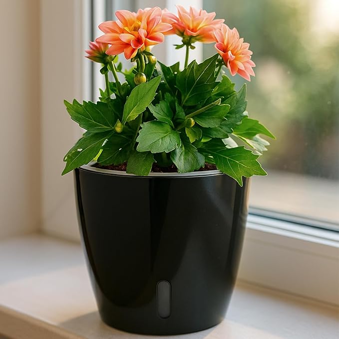 Self Watering Pots for Indoor Plants, 6-Pack 5'' Self Watering Planter with Drainage Holes, Small African Violet Pots with Water Indicator, Clear Wick Orchid Pot, Black