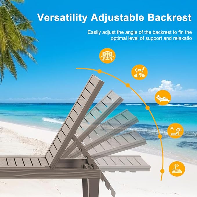 ROJIK Outdoor Chaise Lounge Chair with 5-Position Adjustable Backrest,Waterproof & Lightweight | Durable Indoor/Outdoor Patio Lounger Chair for Garden Pool Beach,(Single, Grey)