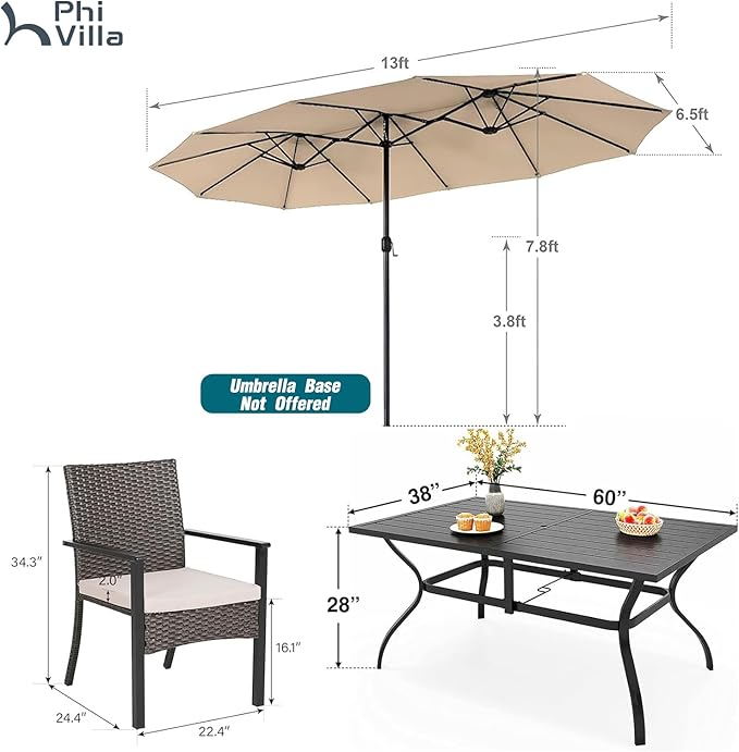 PHI VILLA 7 Pieces Patio Dining Set with Umbrella for 6, 60” Large Metal Iron Dining Table & Cushioned Rattan Wicker Chairs & 13ft Beige Umbrella for Patio, Deck, Yard, Porch