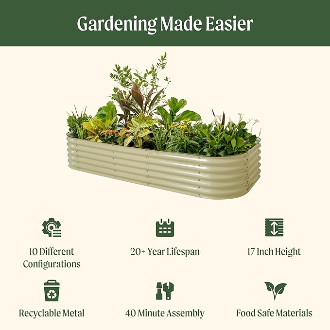 Vego garden Raised Garden Bed Kit, 17" Tall 10 in 1 Jumbo Modular Metal Raised Garden Beds, Metal Planter Box for Vegetables, Flowers, Herbs, Olive Green