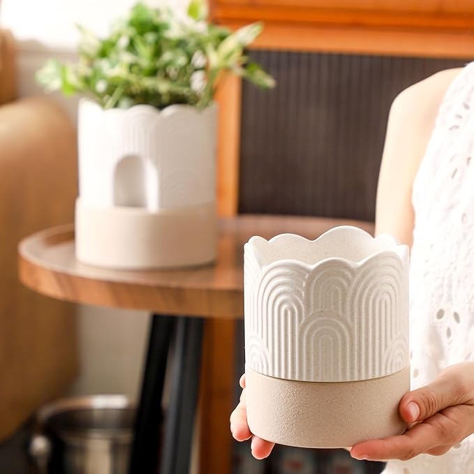 Nihow Self Watering Plant Pot for Indoor Plants: 4.5+6 Inch Ceramic Planter with Drainage Hole & Water Storage Plus - Cylinder Flower Pot with Wick for Herbs -Beige & Nature