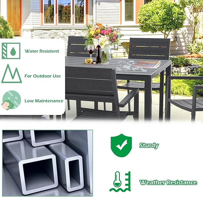 AECOJOY 7 Piece Outdoor Dining Set, 60" x 36" Aluminum Patio Table and Chairs Set for 6 with Rectangular Table and Stackable Chairs for Garden, Backyard, Black