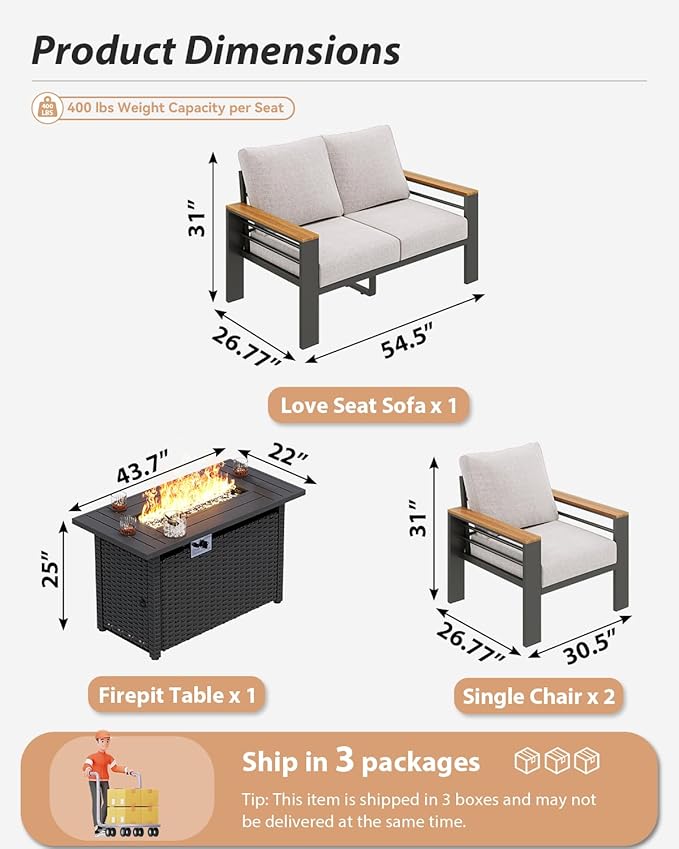 Aoxun Aluminum Outdoor Patio Furniture Set, 5-Piece Outdoor Sectional with 44'' Propane Gas Firepit Table, Patio Conversation Sets with Upgraded Armrests and Cushions for Backyard (Grey,4 Seats)