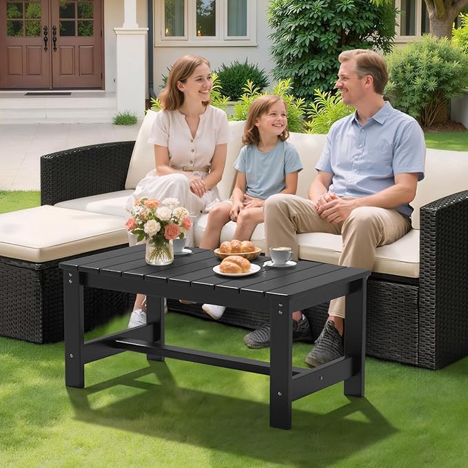 VINGLI Outdoor Coffee Table, HDPE Patio Coffee Table for Outside, All-Weather Rectangle Coffee Table for Deck, Garden, Balcony, Porch, Indoor & Outdoor Use, Black