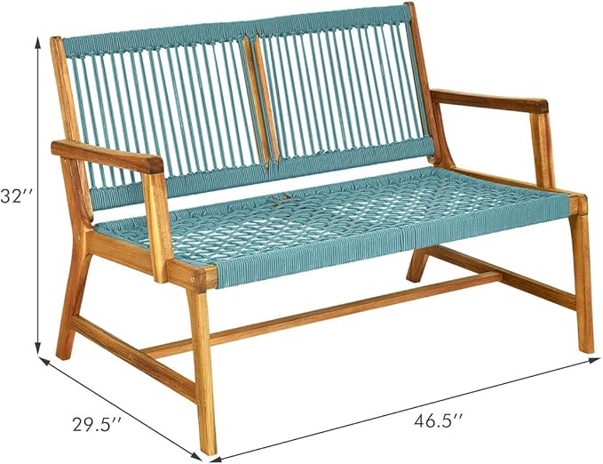 Tangkula 2-Person Patio Acacia Wood Bench Loveseat Chair, Outdoor Patio Acacia Wood Bench in Teak Oil Finish, Patio Loveseat Rope Chair for Balcony Deck Poolside Porch (Turquoise)