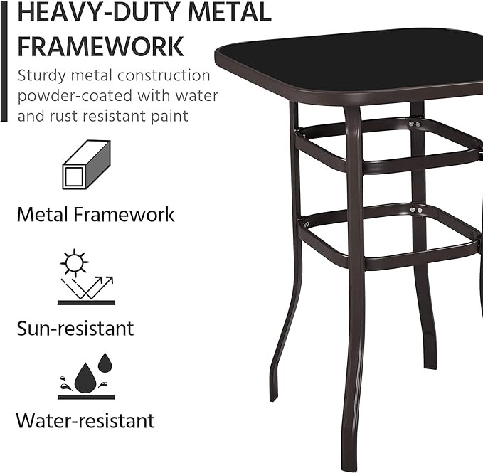 Yaheetech Patio Bar Table Tempered Glass, Height High Top Outdoor Pub Height Bistro Square Table for Paito Lawn Garden, Brown