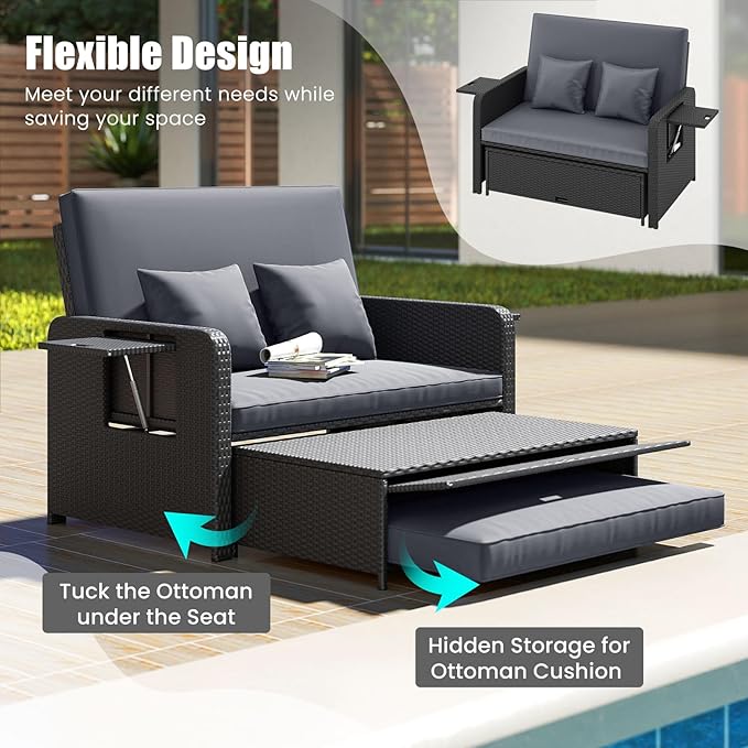 HAPPYGRILL Patio Rattan Wicker Daybed with Loveseat & Storage Ottoman, Outdoor Lounge Sofa Furniture Set with Adjustable Backrest & Side Trays, for Poolside Deck Porch Lawn (Black & Gray)