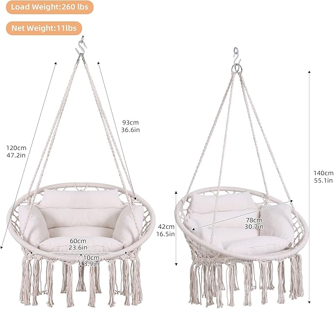 Goutime Hammock Chair, Macrame Hanging Swing Chairs with Cushion and Hardware Kit,Adult Boho Swings for Outside,Patio,Balcony,Bedroom (Beige)