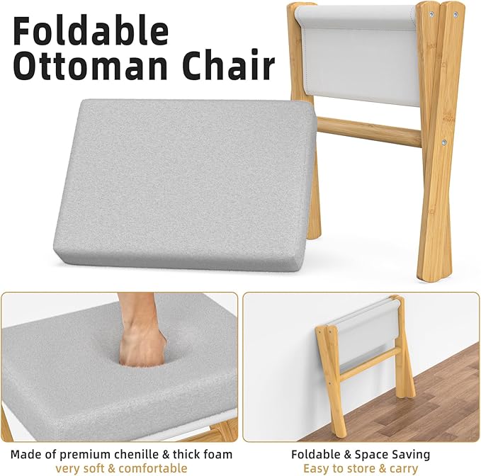 Foldable Foot Stool Ottoman, Modern Foot Rest with Bamboo X Legs & Thick Foam Cushion, Folding Foot Stools Small Padded for Bedroom Living Room, Footstool for Chair Couch (Natural - Grey)