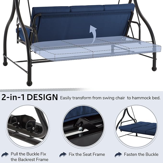 U-MAX Porch Swing Chair with Adjustable Backrest&Canopy, 3 Seat Patio Swing with Canopy 2-in-1 Convertible Outdoor Swing with Canopy Patio Daybed with Removable Blue Cushions for Adults
