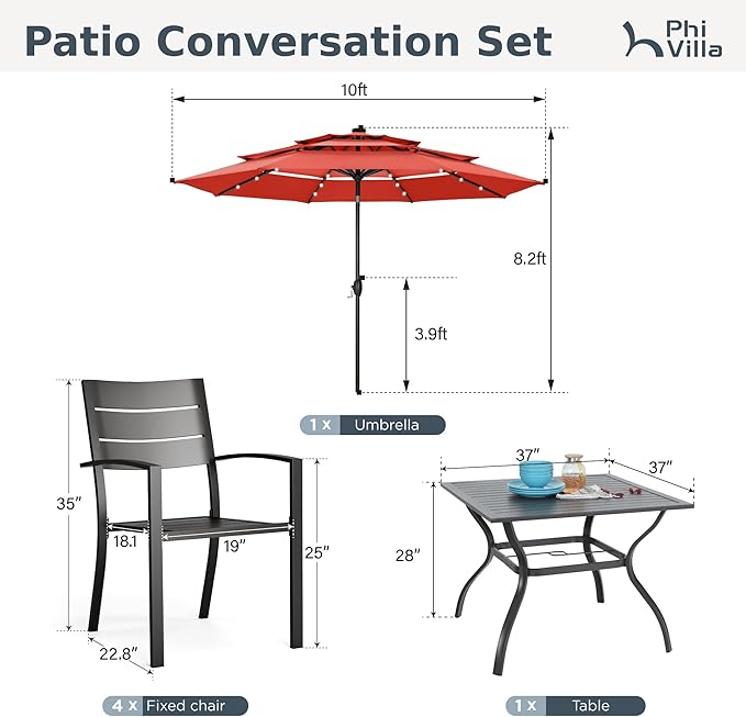 PHI VILLA 5 Pieces Outdoor Dining Set with Umbrella for 4, 37" Square Metal Steel Table & Stacking Wrought Iron Chairs & 3-Tier Red Umbrella, Outside Furniture Set for Patio, Deck, Porch, Backyard