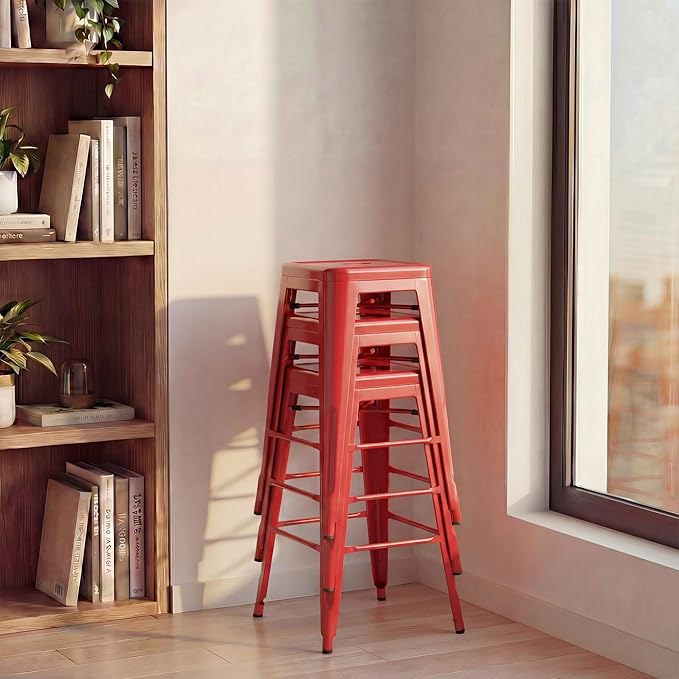 Shahoo 24 Inches Metal Bar Stools Counter Height Stackable Backless Stools, Industrial Patio Stools Indoor Outdoor Metal Kitchen Stools Set of 4 (Red, 24'')