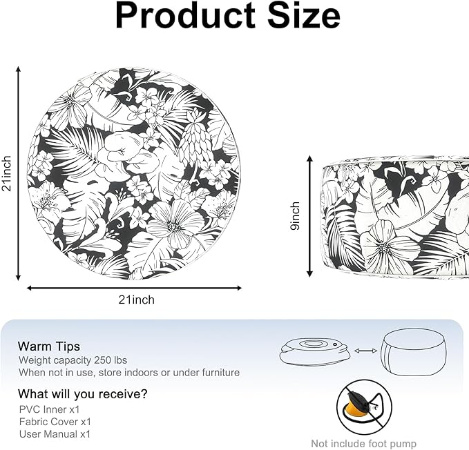 Inflatable Ottoman Stool D21 xH9 for Outdoor/Indoor Use, Water Repellent Patio Foot Rest with Portable Handle,Round Pouf Ottoman Suitable for Garden,Deck and Camping-Tropical Blossom Noir
