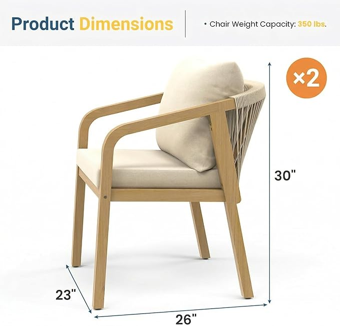 Wisteria Lane Acacia Patio Dining Chairs Set of 2, Outdoor Wood Chairs with Thick Cushions, Modern Patio Seating with Woven Rope Backrest for Porch, Backyard, Garden, Indoor Use, Beige