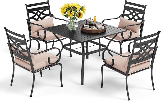 PHI VILLA 5 Pieces Outdoor Dining Set for 4, 37" Square Black Metal Table with Umbrella Hole & Wrought Iron Chairs, All Weather Large Outside Furniture with Cushions & Pillows for Patio, Deck, Porch