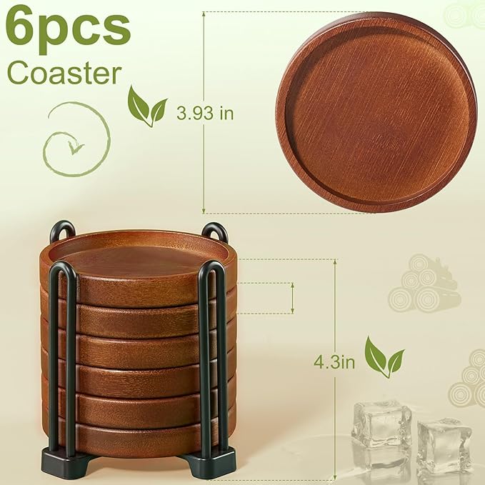Set of 6 Wooden Coasters With Holder - Coffee Table Coasters for Drinks, Modern Home Decor, Dining Table Decorative Set, Cute Beer Bar Rustic Outdoor Wood Coaster