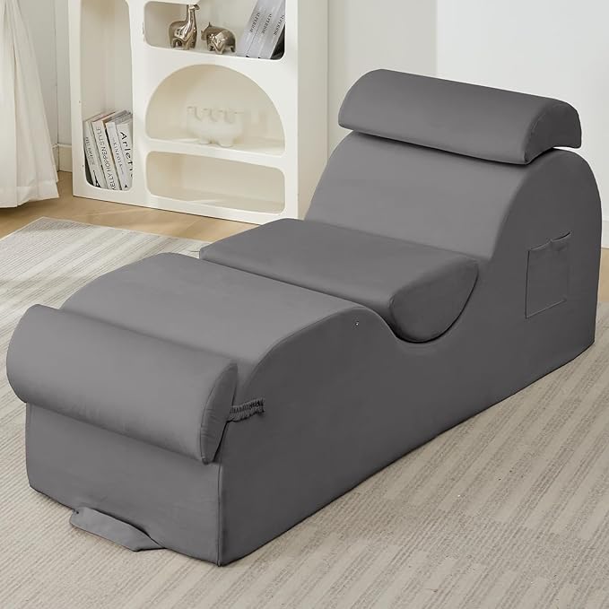 ijuicy Chaise Lounge Chair for Exercise, Indoor Lounger with Headrest, Waist Cushion, Movable Footrest, Side Pockets, Non-Slip Bottom - Yoga Chair with High Density Sponge, Light Grey