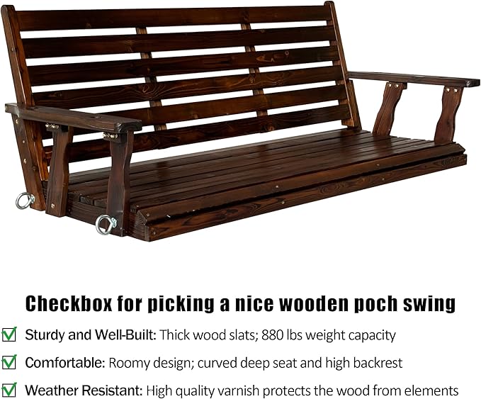 Wooden Porch Swing, Ergonomic Seat, Bench Swing with Hanging Chains and 7mm Springs, Heavy Duty 880 LBS, for Outdoor Patio Garden Yard (Dark Brown, 3-Seater Extra Large)