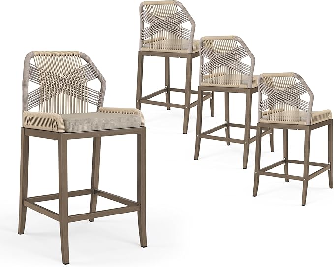 Outdoor Bar Stools, Rattan Outdoor Counter Height Bar Stools Set of 4, 26.5" H Woven Rope Patio Bar Chairs with Aluminum Legs for Kitchen, Yellowish Slate Gray