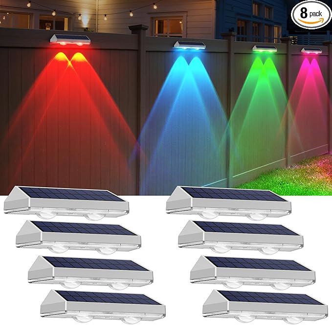8 Pack Solar Fence Lights Outdoor - Warm White & RGB 6 Color, Dusk to Dawn Deck Light, Solar Powered Light Outdoor IP65 Waterproof, Solar Garden Lights for Outside/Backyard/Railing/Step/Patio/Wall
