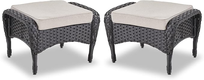 Belord Outdoor Ottomans for Patio Foot Rest - 25 Inch PE Wicker Foot Stool Set of 2 with Removable Cushions for Patio Furniture Sets,All Weather Rattan Ottoman for Balcony Deck Backyard Black