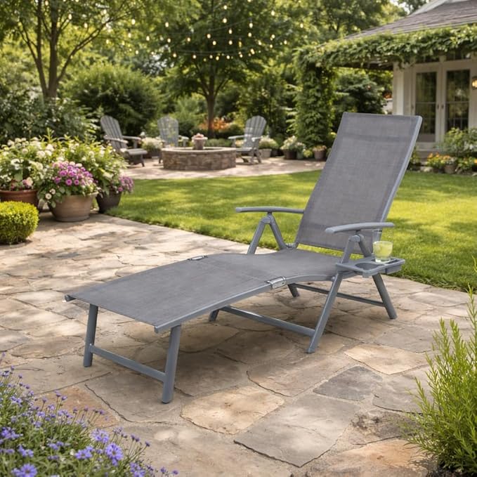 Kozyard Aluminum Outdoor Chaise Lounge Chair, Adjustable Reclining Patio Lounge with Drink Holder, Weather-Resistant Pool, Deck & Yard Recliner,Assemble-Free, Gray (Gray)