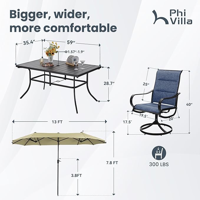PHI VILLA 8 Piece Patio Dining Set with 13ft Patio Umbrella (Beige), 6 Outdoor Padded Swivel Dining Chairs & 1 Large Metal Dining Table with 1.57" Umbrella Hole, for Lawn Garden Backyard