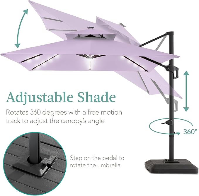 Best Choice Products 10x10ft Cantilever Patio Umbrella w/Base Included, Solar LED Lights 360 Rotation Large Offset Hanging Outdoor Shade for Deck Pool Backyard w/Stand – Lavender