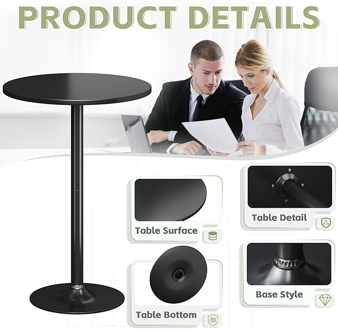 Flamaker Round Bistro Pub Table Modern Style Metal Base MDF Top Cocktail Bar Table Counter Bar Height for Pub, Dining Room, Party (1, Full Black)