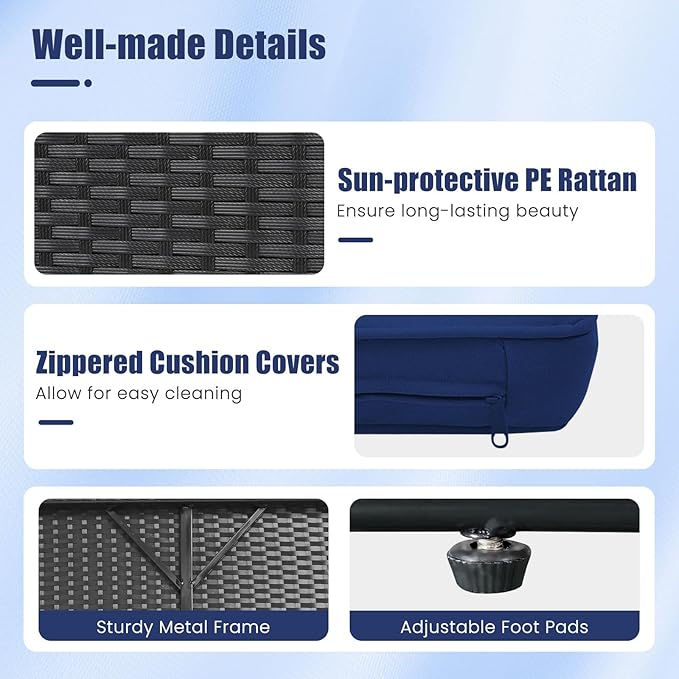 HAPPYGRILL Patio Rattan Wicker Daybed with Loveseat & Storage Ottoman, Outdoor Lounge Sofa Furniture Set with Adjustable Backrest & Side Trays, for Poolside Deck Porch Lawn (Black & Navy)