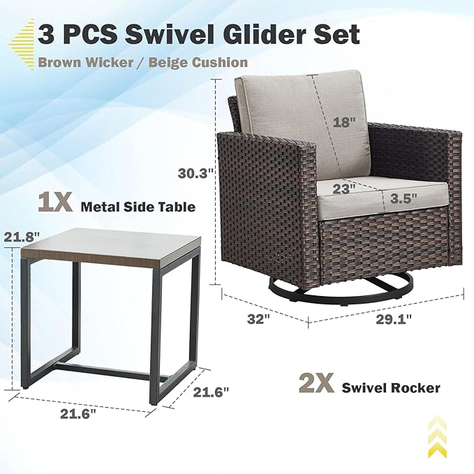 Belord Outdoor Bistro Set 3 Piece Wicker Swivel Rocker Patio Chairs, Oversize Outdoor Rattan Seating Set, Patio Swivel Glider Chairs Wicker Furniture with Metal Side Table for Porch Backyard, Brown