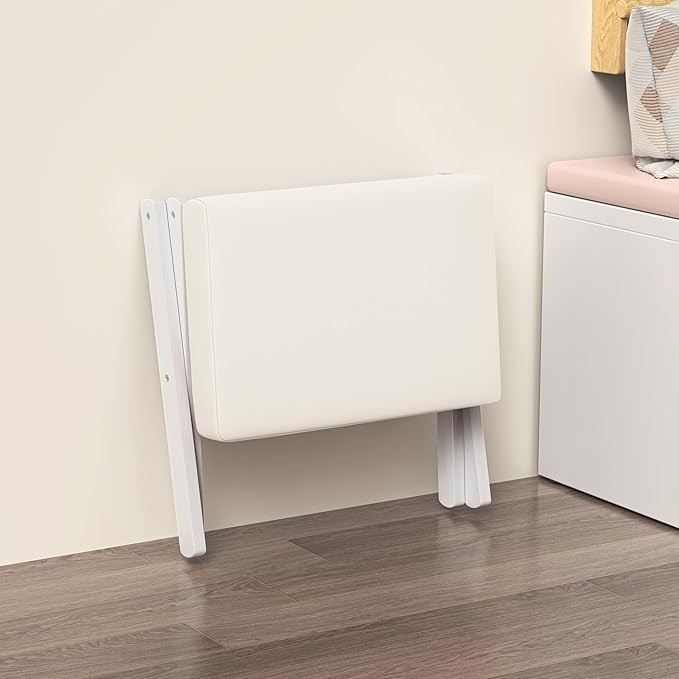 Foldable Foot Stool Ottoman, Modern Foot Rest with Bamboo X Legs & Thick Foam Cushion, Folding Foot Stools Small Padded for Bedroom Living Room, Footstool for Chair Couch (White - White)