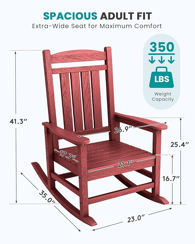 SERWALL Patio Rocking Chairs Set of 4, HDPE Outdoor Rockers for Adults, Oversized All-Weather Porch Rocking Chairs, Red