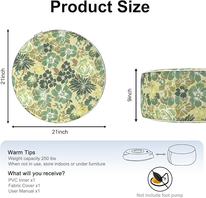 Inflatable Ottoman Stool D21 xH9 for Outdoor/Indoor Use, Water Repellent Patio Foot Rest with Portable Handle,Round Pouf Ottoman Suitable for Garden,Deck and Camping-Green Rose