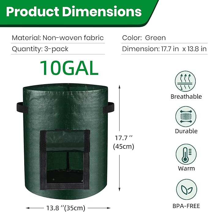 10 Gallon 3-Pack Potato Grow Bags, Heavy Duty PE Fabric Pots with Flap and Handles, Green Planter Bags for Potato Vegetables Outdoor Garden, 17.7''x13.8'' Large for All Plants Growing