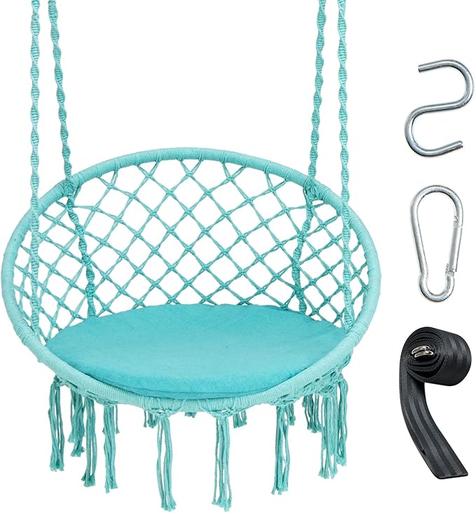 Giantex Hammock Chair Macrame Swing - Hanging with Cushion and Hardware Kit, 330 LBS Weight Capacity, Indoor for Stand, Patio, Balcony, Living Room (Turquoise) (GT10698-NPTU)