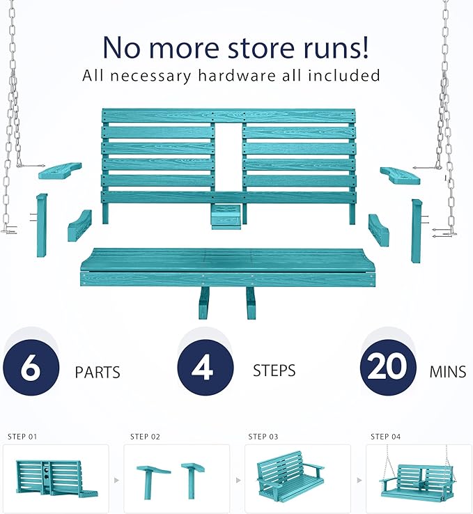 KINGYES Outdoor Hanging Patio Swing Set of 4, 2 Seat Swing Chair with Cup Holders, Waterproof Bench for Courtyard & Garden, 660LBS Weight Capacity, Aruba Blue