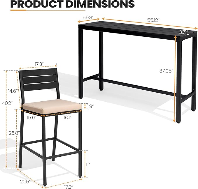 Crestlive Products Outdoor Bar Table and Chairs Set, 3 Piece Outside Patio Bar Set with 55" Long Bar Table and 2 Bar Stools for Balcony, Bistro, Garden, Backyard(Black Desktop and Beige Cushion)