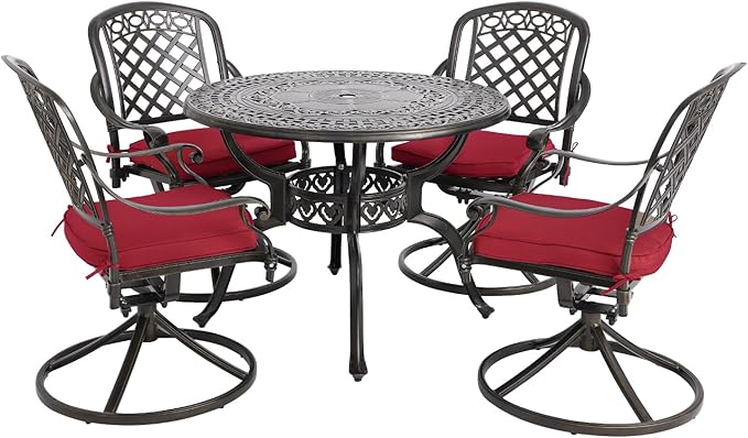 Cast Aluminum Outdoor Patio Dining Set, All Weather Outdoor Furniture Dining Set for Patio, Balcony, Lawn, Garden, Backyard (1 Round Table+4 Red Swivel Dining Chairs)
