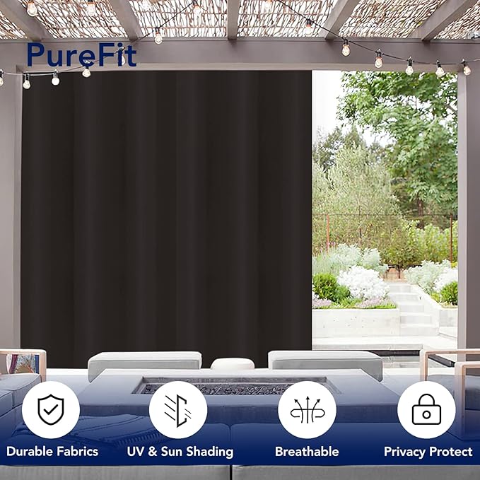 PureFit Outdoor Curtains for Patio Waterproof Weatherproof, UV Resistant Outside Curtains for Gazebo, Front Porch, Pergola, Sun Blocking Privacy Curtain, 100W x 84L inch, 1 Panel, Chocolate