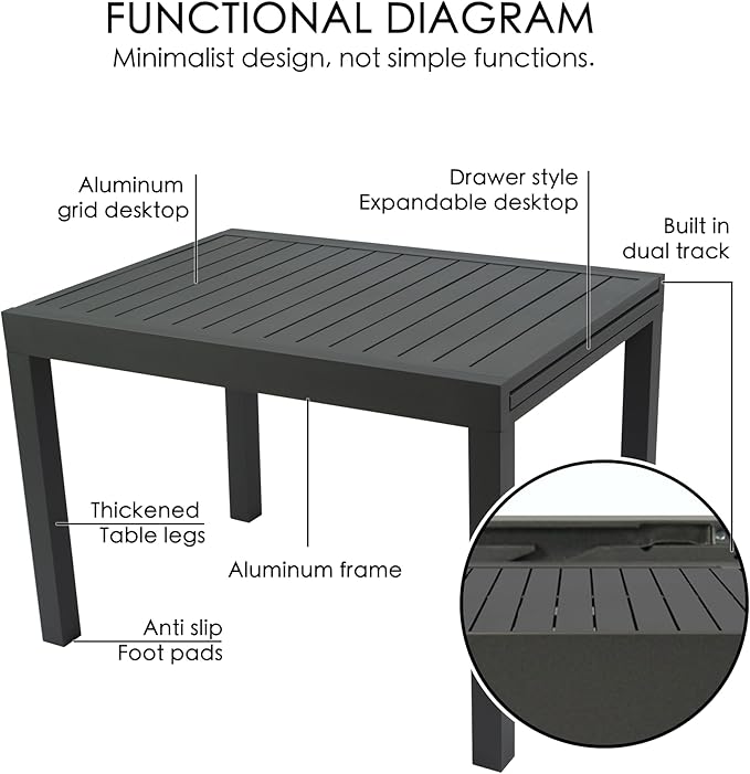 Kozyard Villa Expandable Patio Dining Table - Adjustable, Aluminum Outdoor Furniture for 4-6 Person, Perfect for Backyard, Porch, Deck, Garden - Dark Grey, 43"- 86"