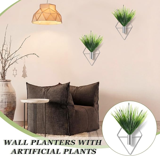 4 Pieces Silver Wall Decor Hanging Planters with Artificial Plants Metal Vase Indoor Aquatic Plant Holder Modern Geometric Wall Art for Home Bathroom Bedroom Living Room Office