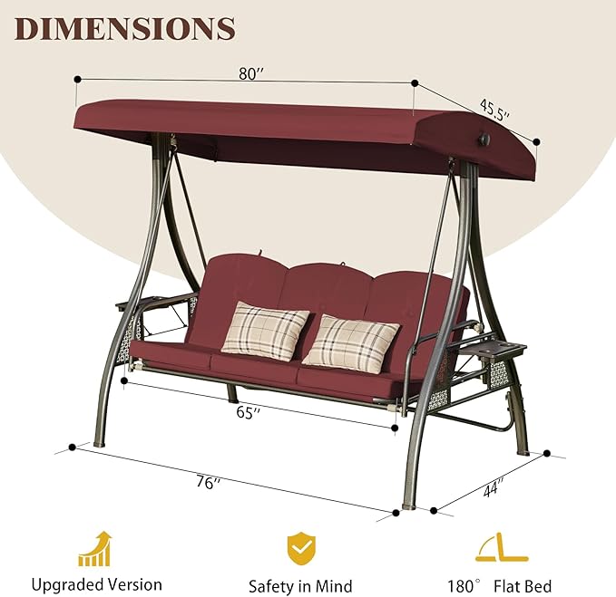 Upgrade 180° Convertible Outdoor Swing for Adults, Outdoor Porch Swing with Stand 800lb Bearing Capacity, 3-Seat Outdoor Swing with Canopy Adjustable, Thickened Cushions (Square, Wine Red)