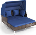 Tangkula Outdoor Rattan Daybed with Retractable Canopy, Boho Patio Wicker Sunbed with Metal Support, Pillows & Cushions, Outdoor Double Chaise Lounge with Shade for Backyard, Poolside, Deck & Balcony