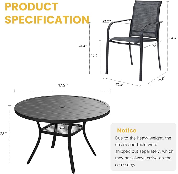 VICLLAX Patio Dining Set for 6, 7 Pieces Outdoor Furniture Set- 47" Round Patio Table and Stackable Chairs, Black Tabletop and Grey Fabric